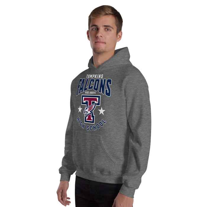 Man wearing Tompkins High School Falcons Dark Grey Classic Unisex Hoodie 213