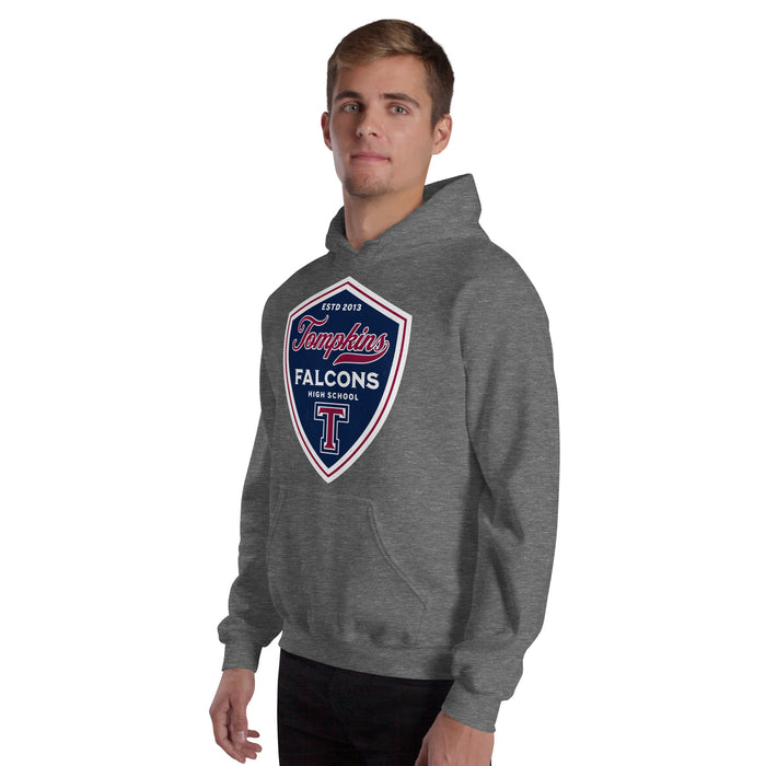 Man wearing Tompkins High School Falcons Dark Grey Classic Unisex Hoodie 225