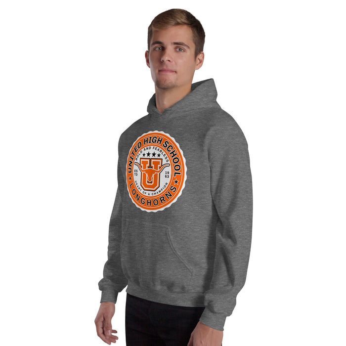 Man wearing United High School Longhorns Dark Grey Classic Unisex Hoodie 216