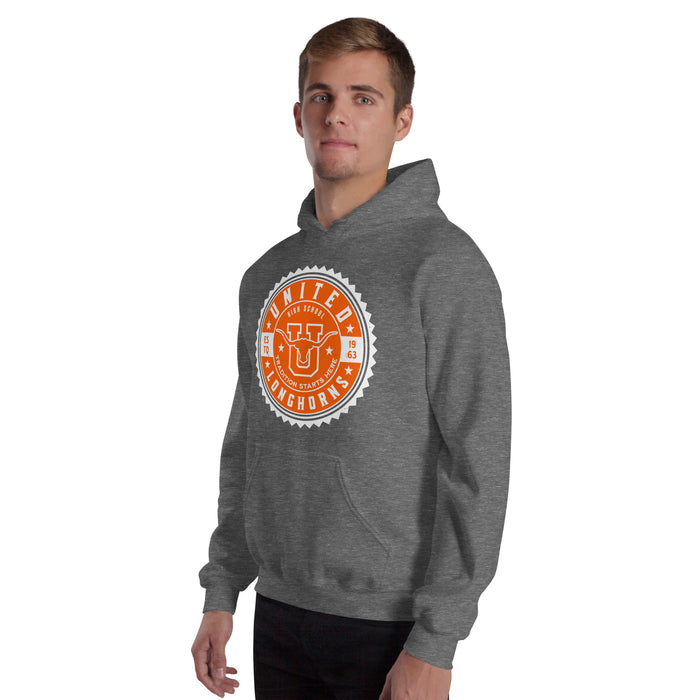 Man wearing United High School Longhorns Dark Grey Classic Unisex Hoodie 203