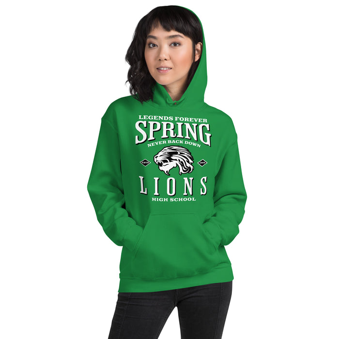 Woman wearing Spring High School Lions Irish Green Classic Unisex Hoodie 230