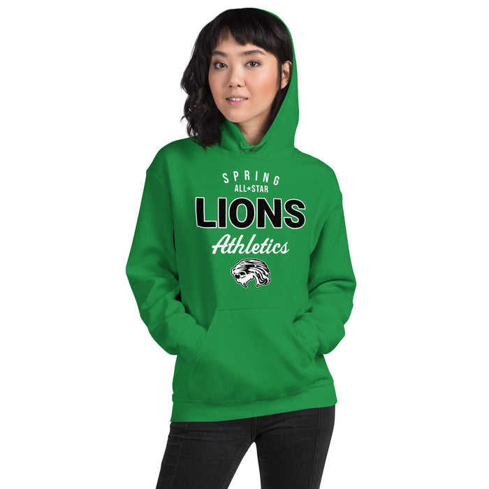 Woman wearing Spring High School Lions Irish Green Classic Unisex Hoodie 034