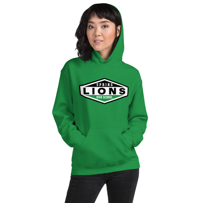 Woman wearing Spring High School Lions Irish Green Classic Unisex Hoodie 009