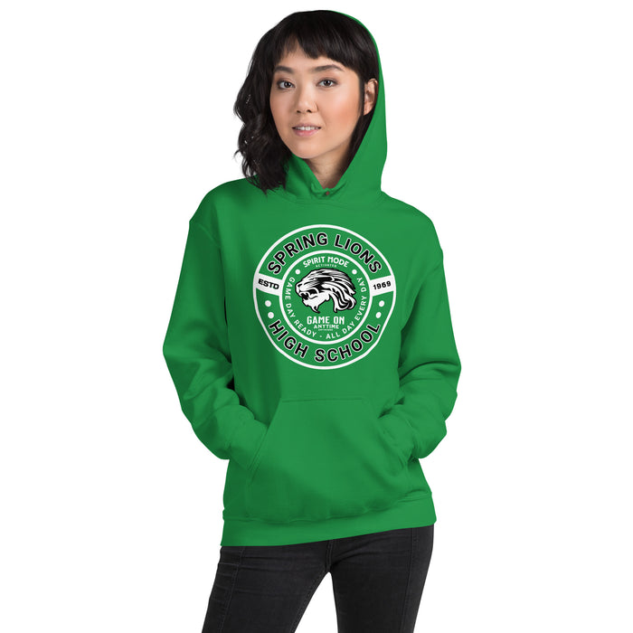 Woman wearing Spring High School Lions Irish Green Classic Unisex Hoodie 239