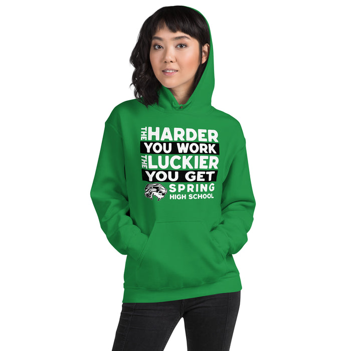 Woman wearing Spring High School Lions Irish Green Classic Unisex Hoodie 238