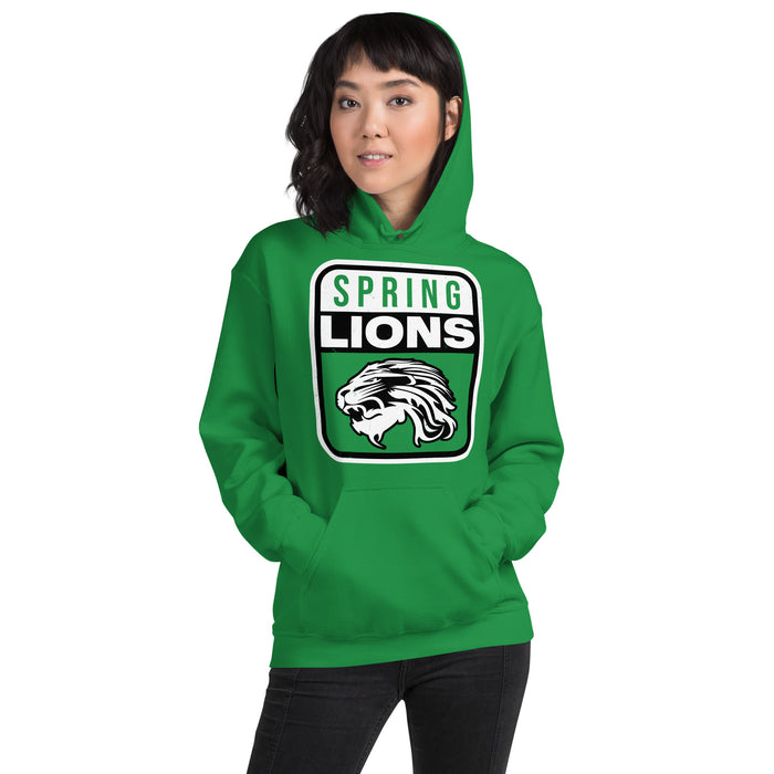 Woman wearing Spring High School Lions Irish Green Classic Unisex Hoodie 001