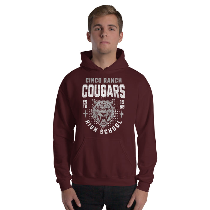 Man wearing a Cinco Ranch High School Cougars Maroon Classic Unisex Hoodie 201