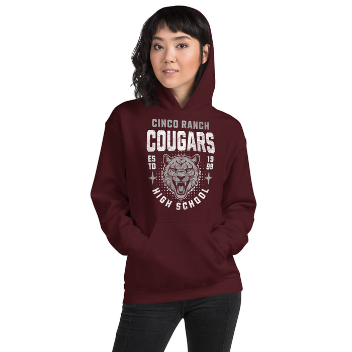 Woman wearing a Cinco Ranch High School Cougars Maroon Classic Unisex Hoodie 201