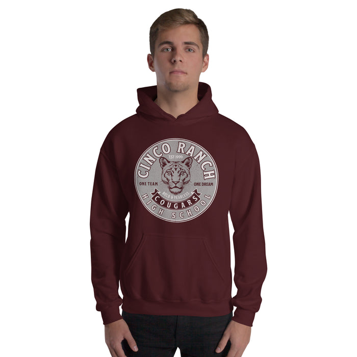 Man wearing a Cinco Ranch High School Cougars Maroon Classic Unisex Hoodie 204