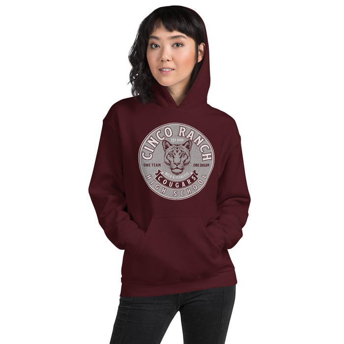 Woman wearing a Cinco Ranch High School Cougars Maroon Classic Unisex Hoodie 204