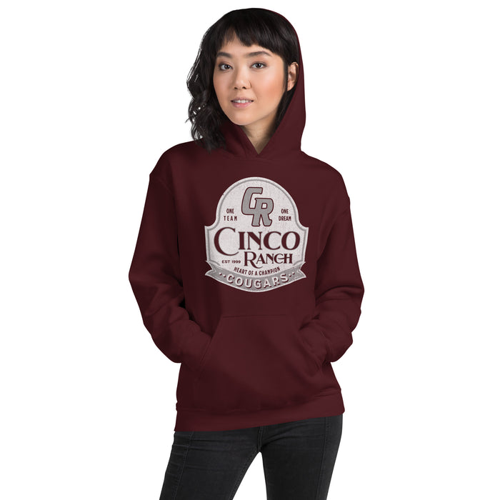 Woman wearing a Cinco Ranch High School Cougars Maroon Classic Unisex Hoodie 207