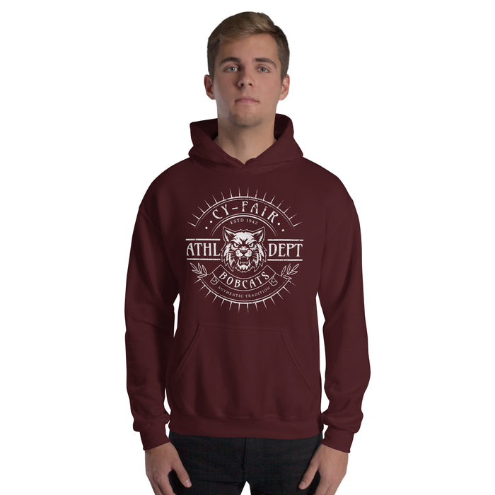 Man wearing Cy-Fair High School Bobcats Maroon Classic Unisex Hoodie 201