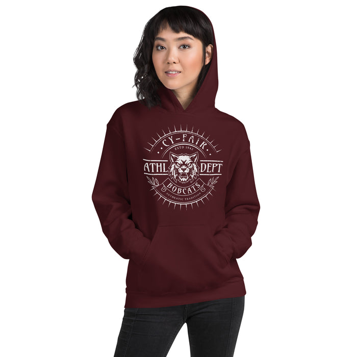 Woman wearing Cy-Fair High School Bobcats Maroon Classic Unisex Hoodie 201