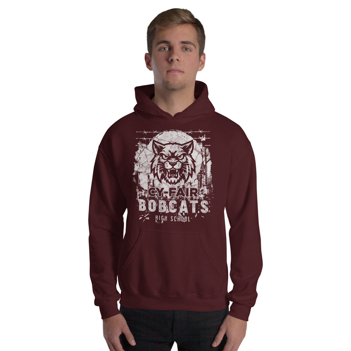 Man wearing Cy-Fair High School Bobcats Maroon Classic Unisex Hoodie 202