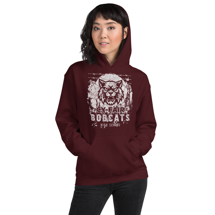 Woman wearing Cy-Fair High School Bobcats Maroon Classic Unisex Hoodie 202