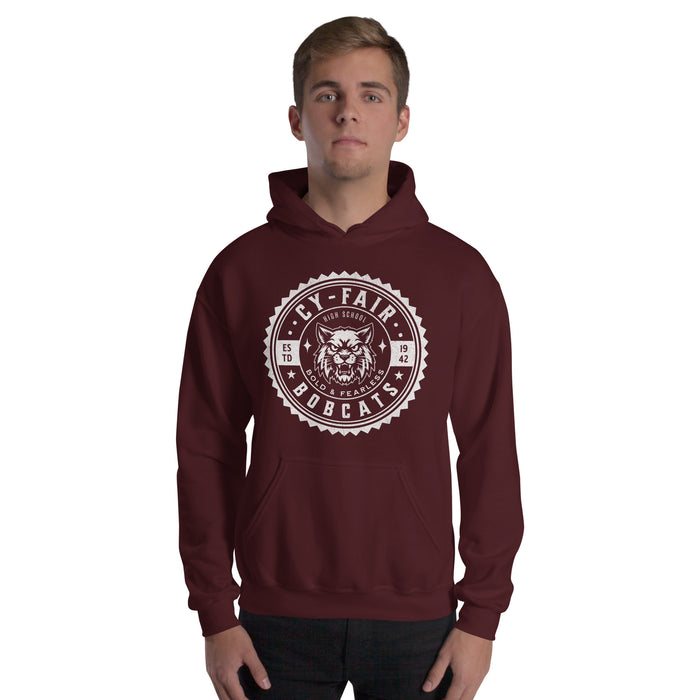 Man wearing Cy-Fair High School Bobcats Maroon Classic Unisex Hoodie 203