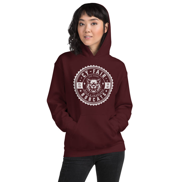 Woman wearing Cy-Fair High School Bobcats Maroon Classic Unisex Hoodie 203