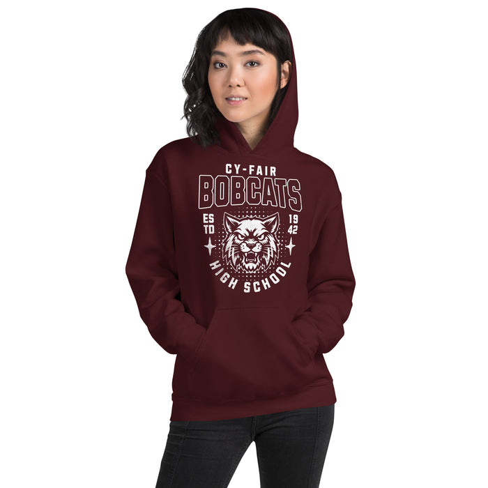 Woman wearing Cy-Fair High School Bobcats Maroon Classic Unisex Hoodie 204