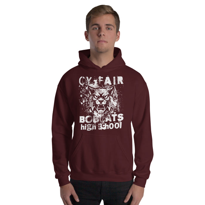 Man wearing Cy-Fair High School Bobcats Maroon Classic Unisex Hoodie 205