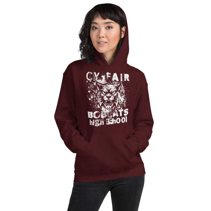 Woman wearing Cy-Fair High School Bobcats Maroon Classic Unisex Hoodie 205