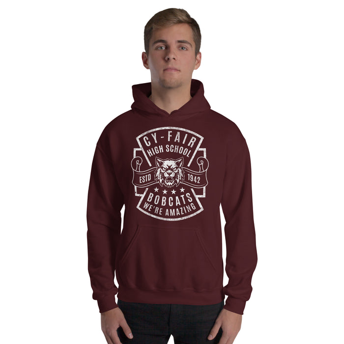 Man wearing Cy-Fair High School Bobcats Maroon Classic Unisex Hoodie 207