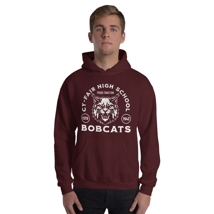 Man wearing Cy-Fair High School Bobcats Maroon Classic Unisex Hoodie 208