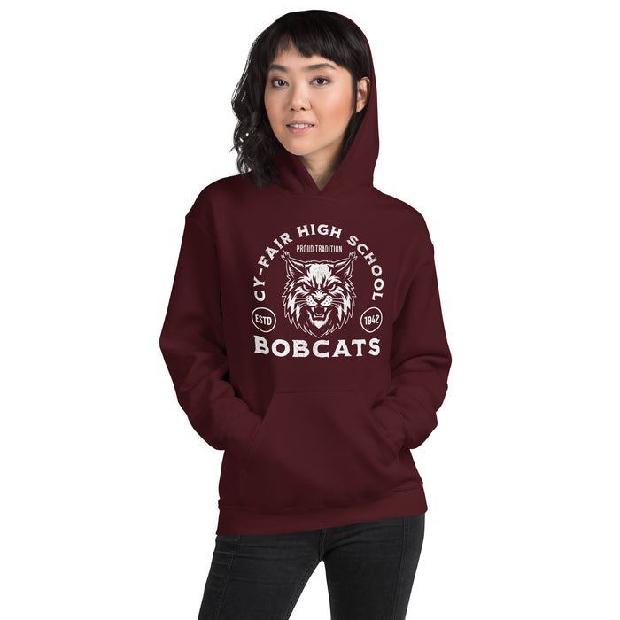 Woman wearing Cy-Fair High School Bobcats Maroon Classic Unisex Hoodie 208