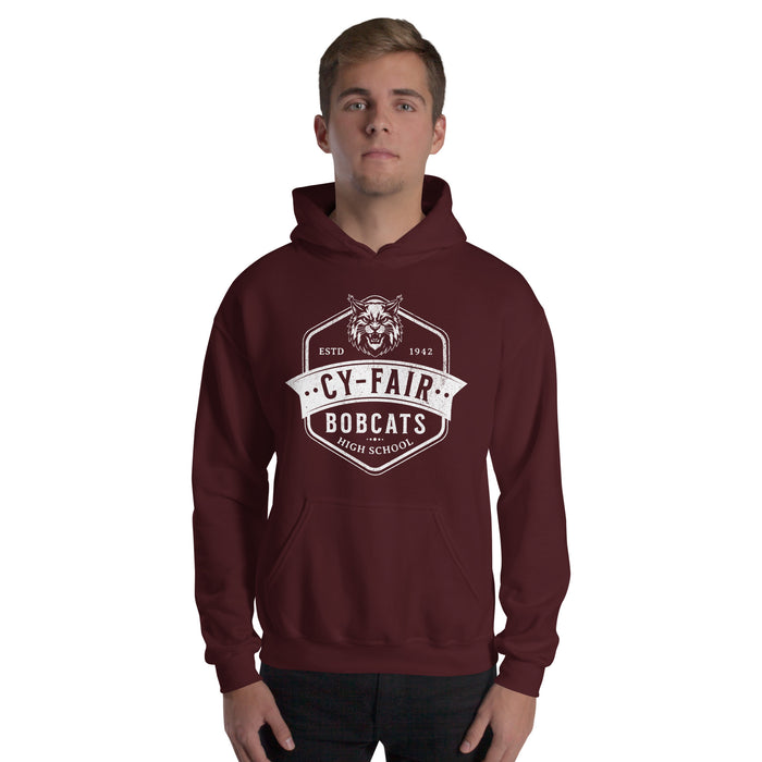 Man wearing Cy-Fair High School Bobcats Maroon Classic Unisex Hoodie 209