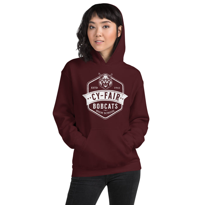 Woman wearing Cy-Fair High School Bobcats Maroon Classic Unisex Hoodie 209