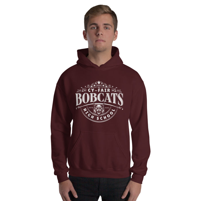 Man wearing Cy-Fair High School Bobcats Maroon Classic Unisex Hoodie 211