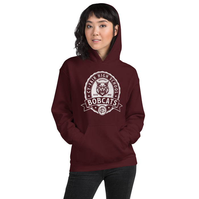 Woman wearing Cy-Fair High School Bobcats Maroon Classic Unisex Hoodie 212