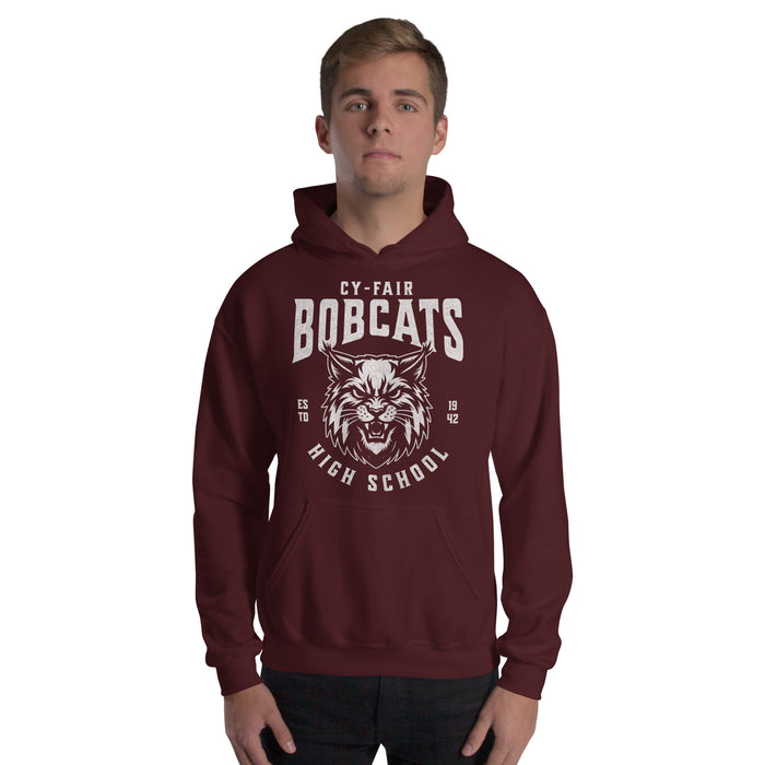 Man wearing Cy-Fair High School Bobcats Maroon Classic Unisex Hoodie 213