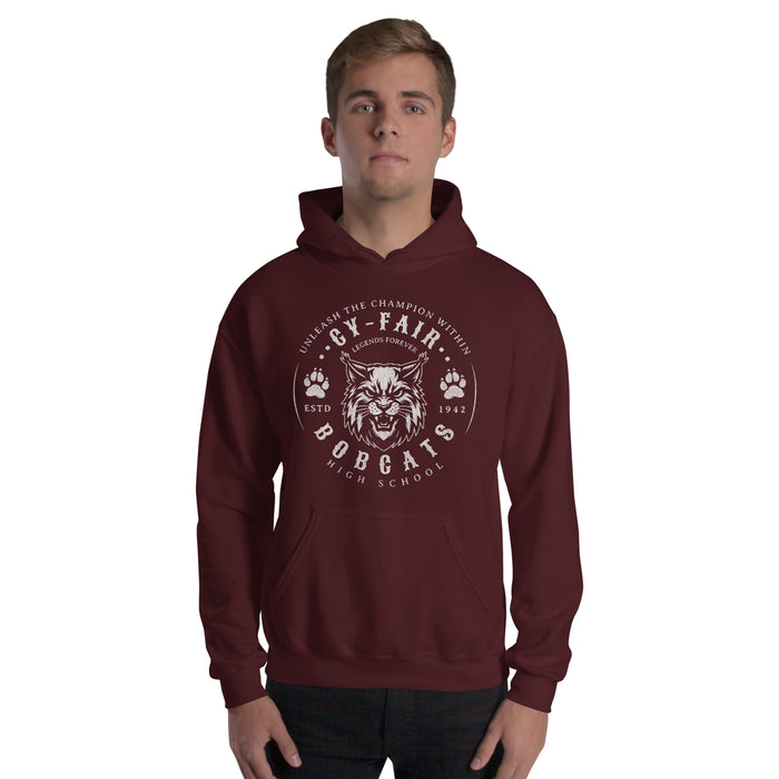 Man wearing Cy-Fair High School Bobcats Maroon Classic Unisex Hoodie 214