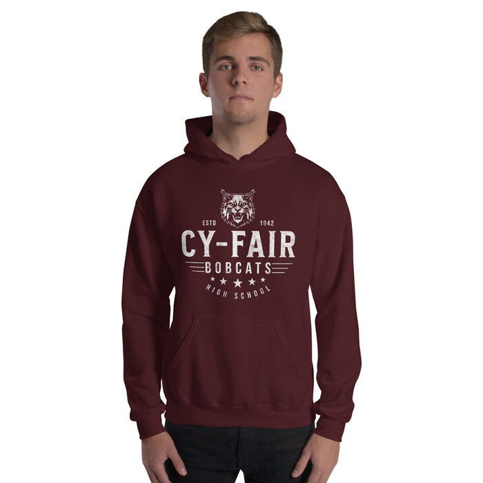 Man wearing Cy-Fair High School Bobcats Maroon Classic Unisex Hoodie 217