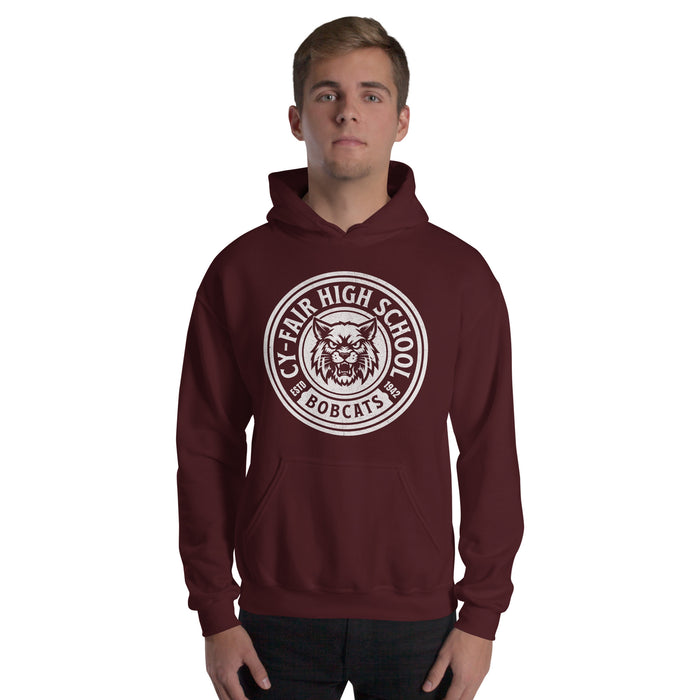 Man wearing Cy-Fair High School Bobcats Maroon Classic Unisex Hoodie 220