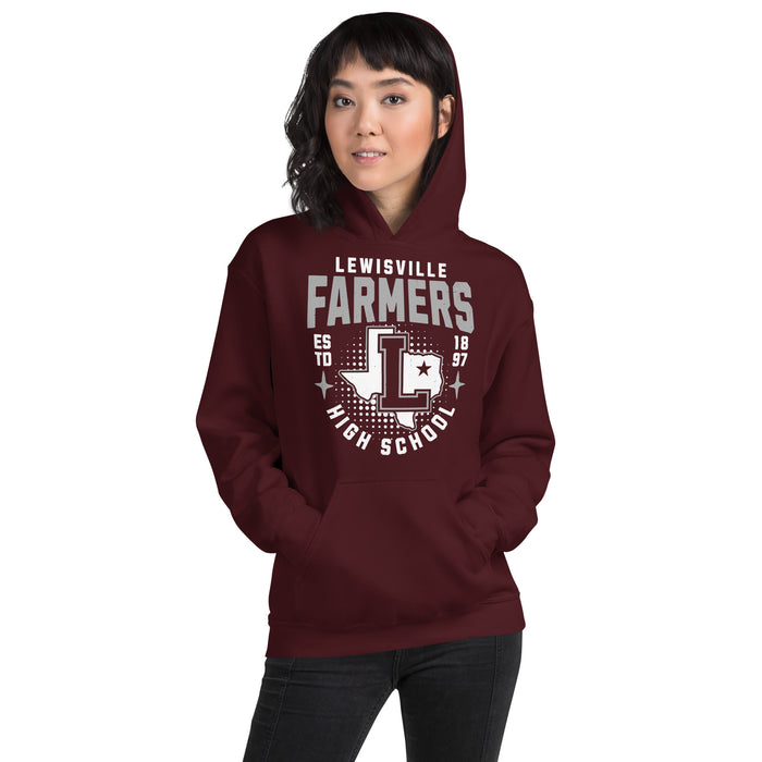 Woman wearing Lewisville High School Farmers Maroon Classic Unisex Hoodie 204