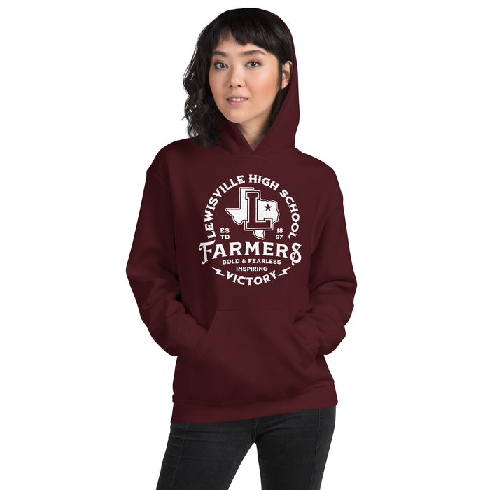 Woman wearing Lewisville High School Farmers Maroon Classic Unisex Hoodie 206