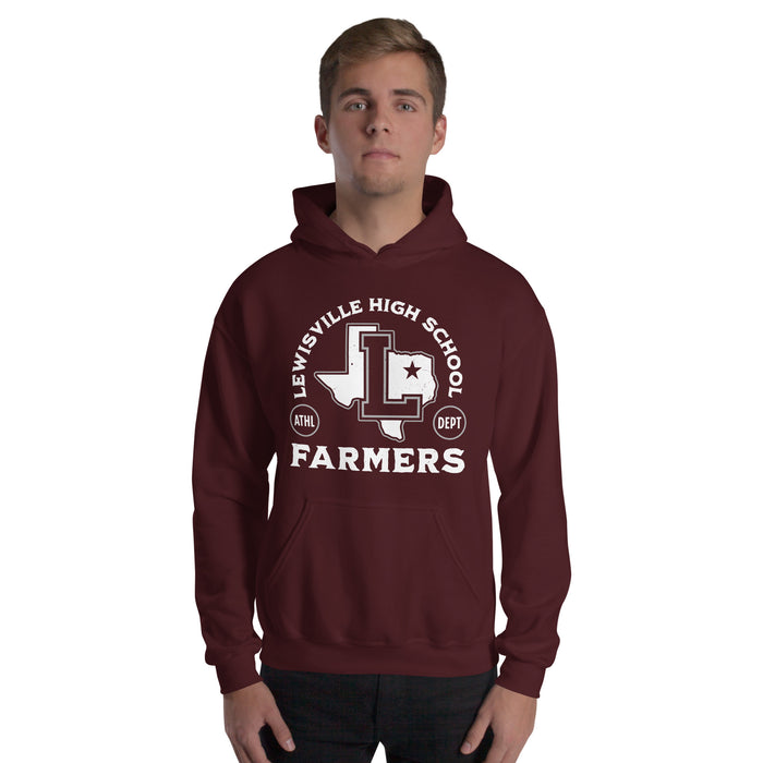 Man wearing Lewisville High School Farmers Maroon Classic Unisex Hoodie 208