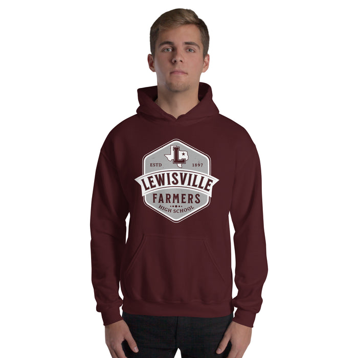 Man wearing Lewisville High School Farmers Maroon Classic Unisex Hoodie 209