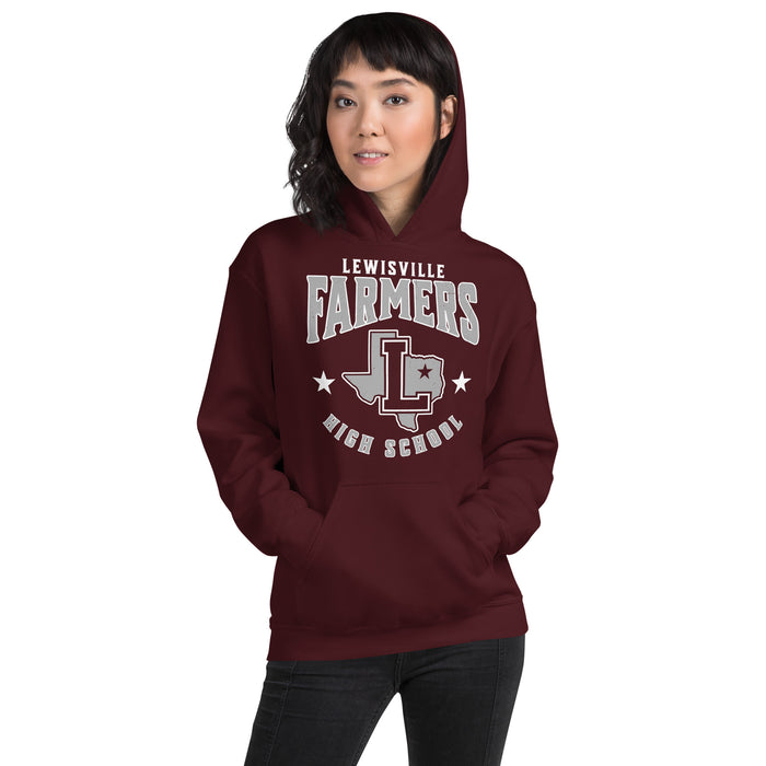 Woman wearing Lewisville High School Farmers Maroon Classic Unisex Hoodie 213