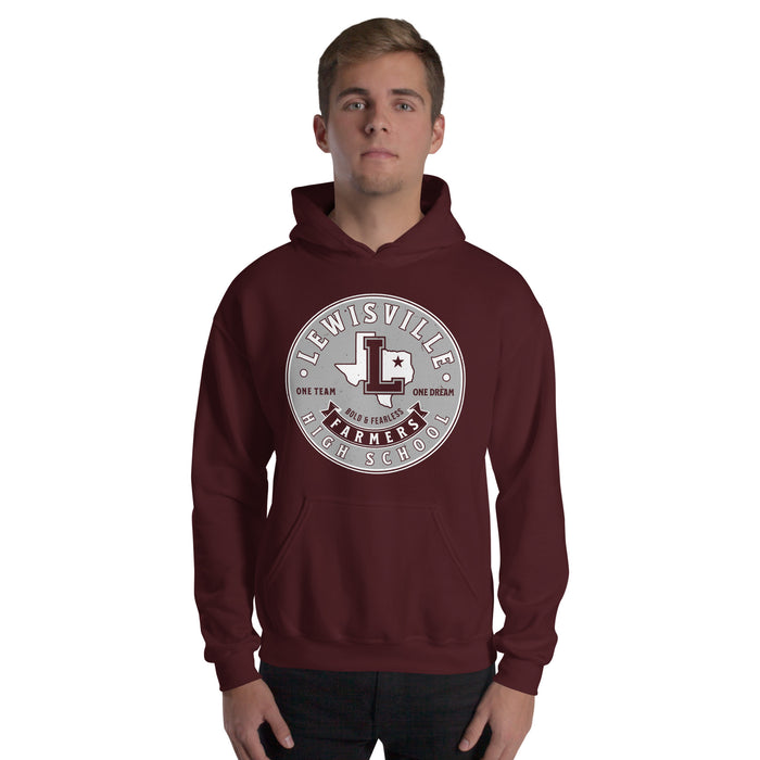 Man wearing Lewisville High School Farmers Maroon Classic Unisex Hoodie 215