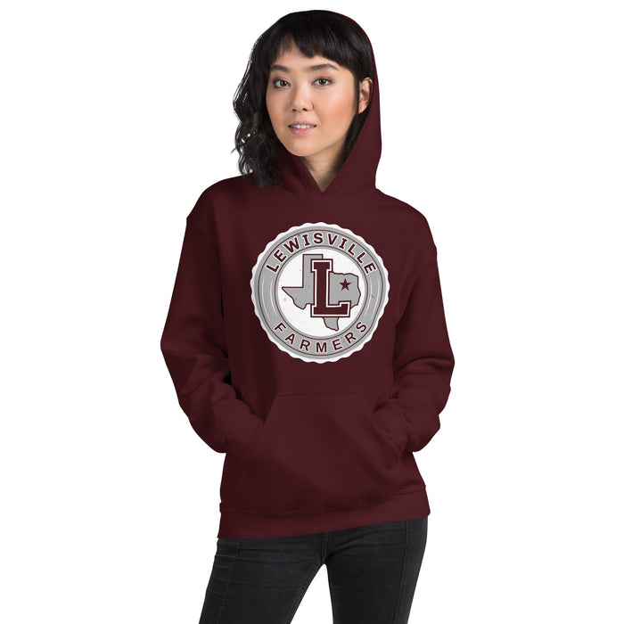 Woman wearing Lewisville High School Farmers Maroon Classic Unisex Hoodie 216