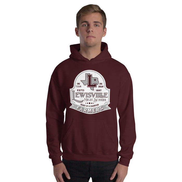 Man wearing Lewisville High School Farmers Maroon Classic Unisex Hoodie 219