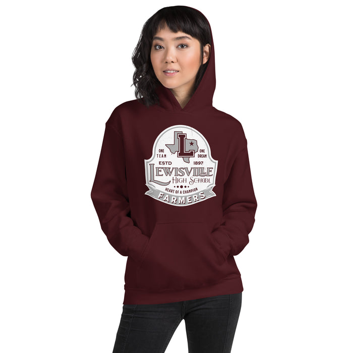 Woman wearing Lewisville High School Farmers Maroon Classic Unisex Hoodie 219