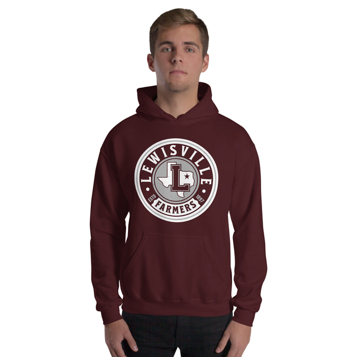 Man wearing Lewisville High School Farmers Maroon Classic Unisex Hoodie 220