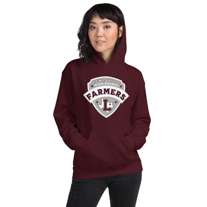 Woman wearing Lewisville High School Farmers Maroon Classic Unisex Hoodie 221