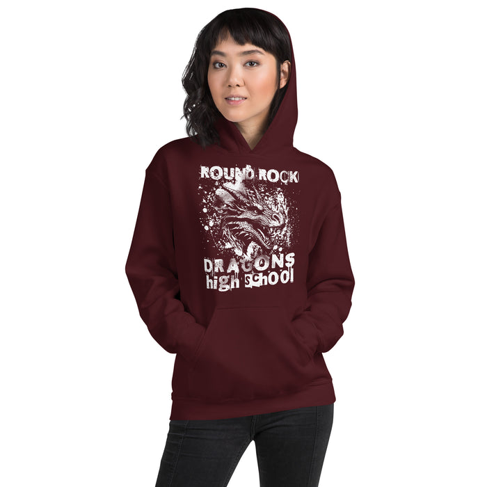 Woman wearing Round Rock High School Dragons Maroon Classic Unisex Hoodie 205