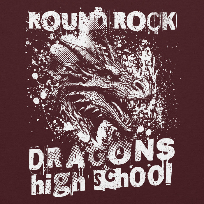 Close-up view of Round Rock High School Dragons Maroon Classic Unisex Hoodie 205