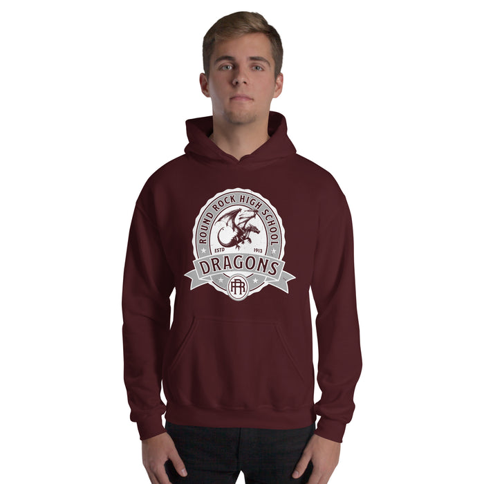 Man wearing Round Rock High School Dragons Maroon Classic Unisex Hoodie 212