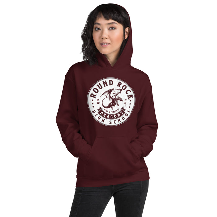 Woman wearing Round Rock High School Dragons Maroon Classic Unisex Hoodie 215